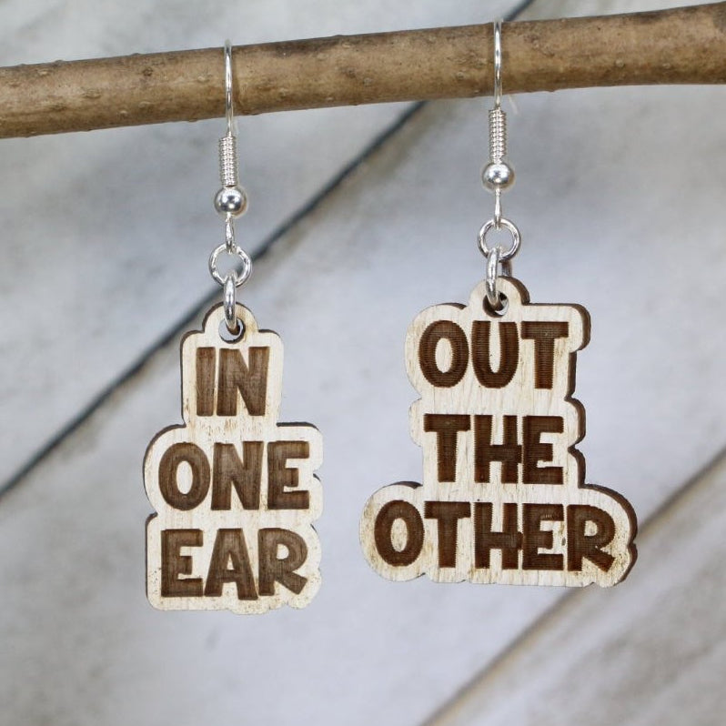 In One Ear Out the Other Wooden Earrings | Funny Humor Jewelry by Cate's Concepts, LLC