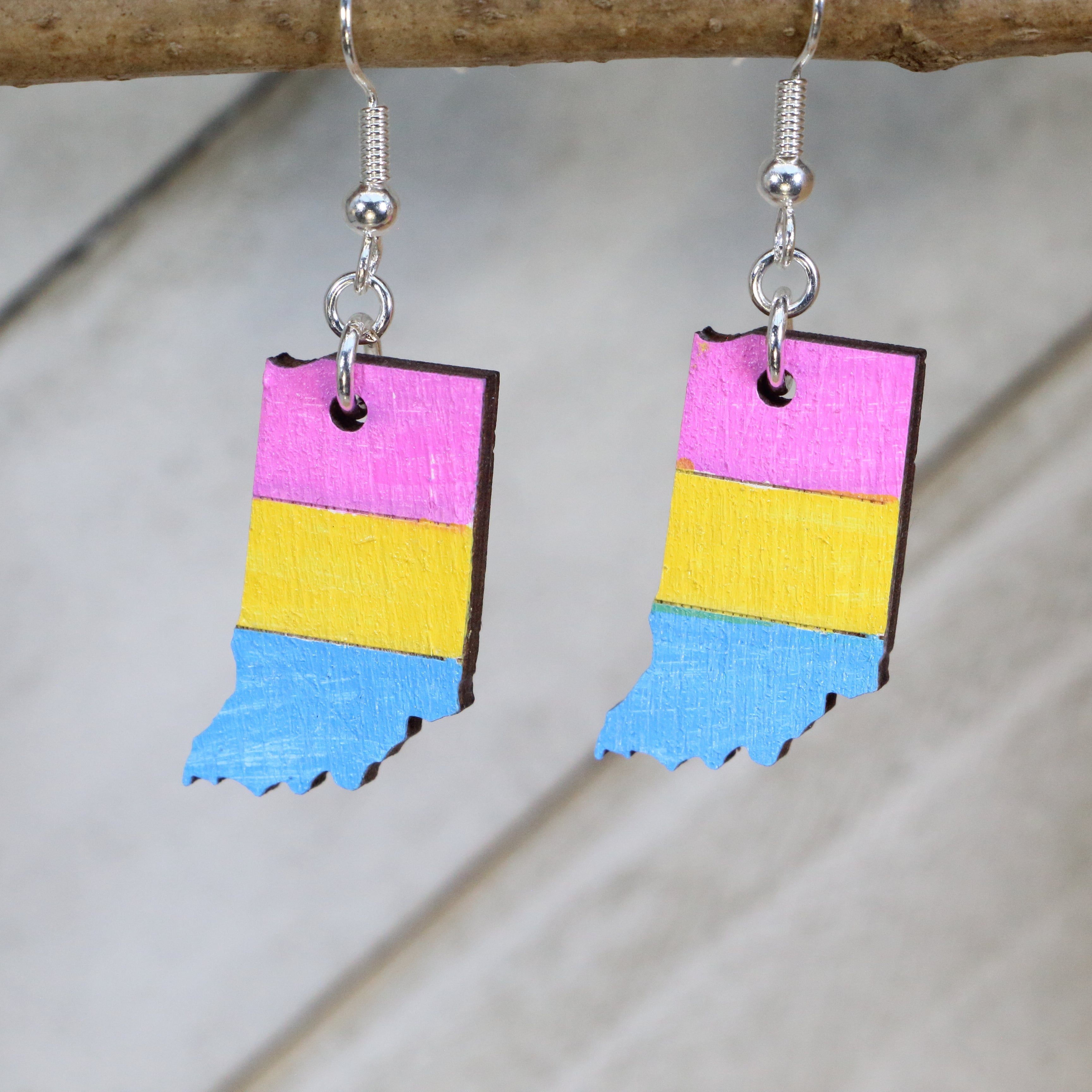 Indiana Pansexual Pride Flag Wooden Dangle Earrings | LGBTQ State Pride Jewelry by Cate's Concepts, LLC