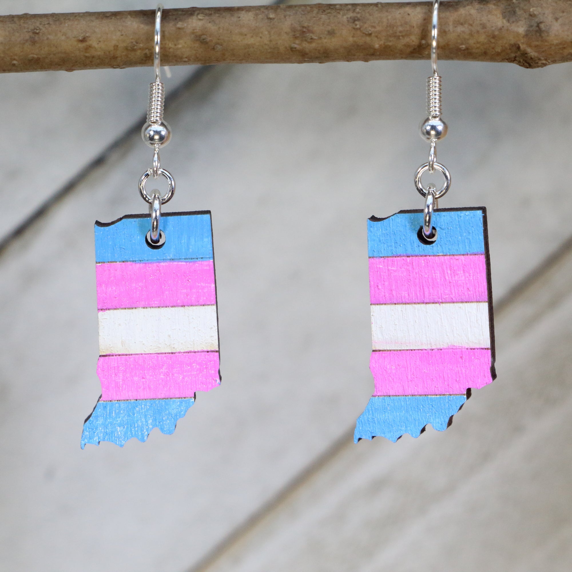 Indiana Transgender Pride Flag Wooden Dangle Earrings | LGBTQ State Pride Jewelry detail view by Cate's Concepts, LLC