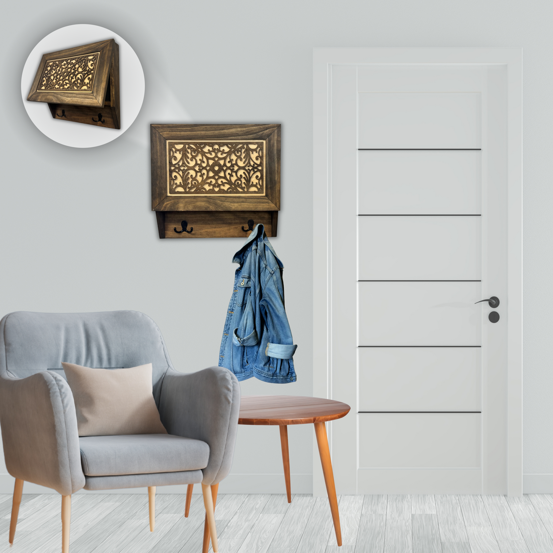 Infinity Circle Hidden Gun Cabinet – Contemporary Concealment Coat Rack with Hat Hooks, Key Hooks detail view by Bellewood