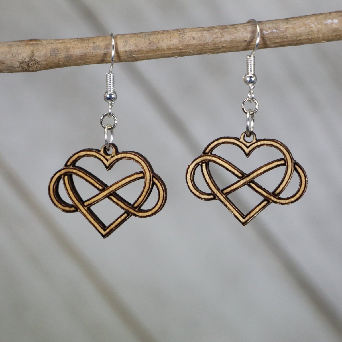Infinity Heart Wooden Dangle Earrings | Polyamory Love Symbol Jewelry by Cate's Concepts, LLC