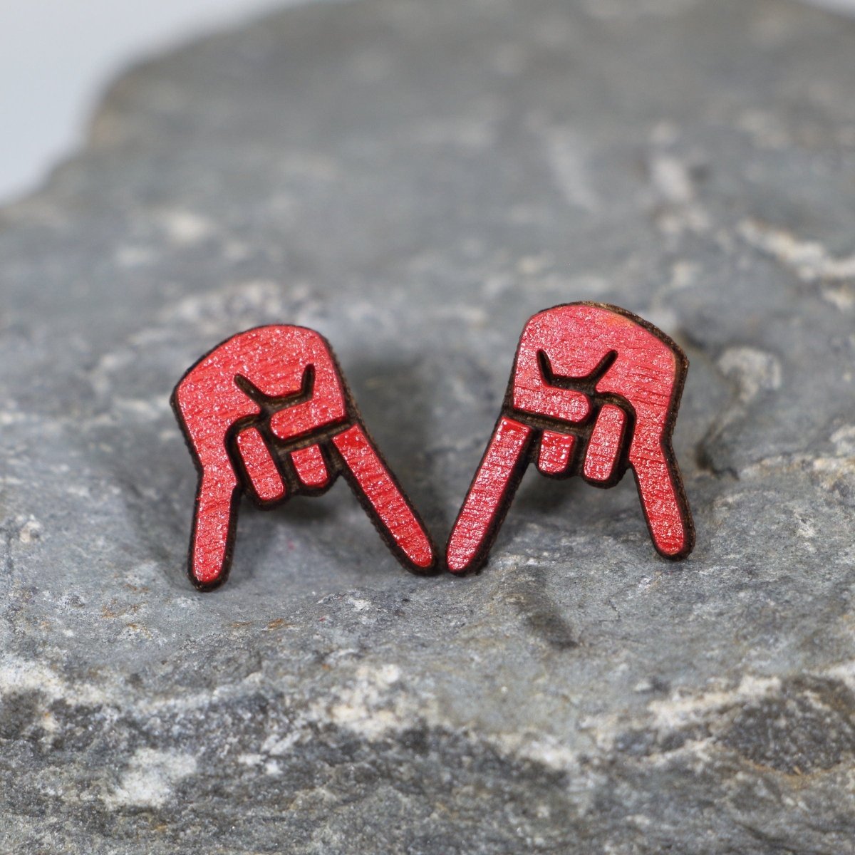 Inverted Hand Sign Wooden Stud Earrings | Rock Gesture Jewelry by Cate's Concepts, LLC, handmade jewelry main product photo