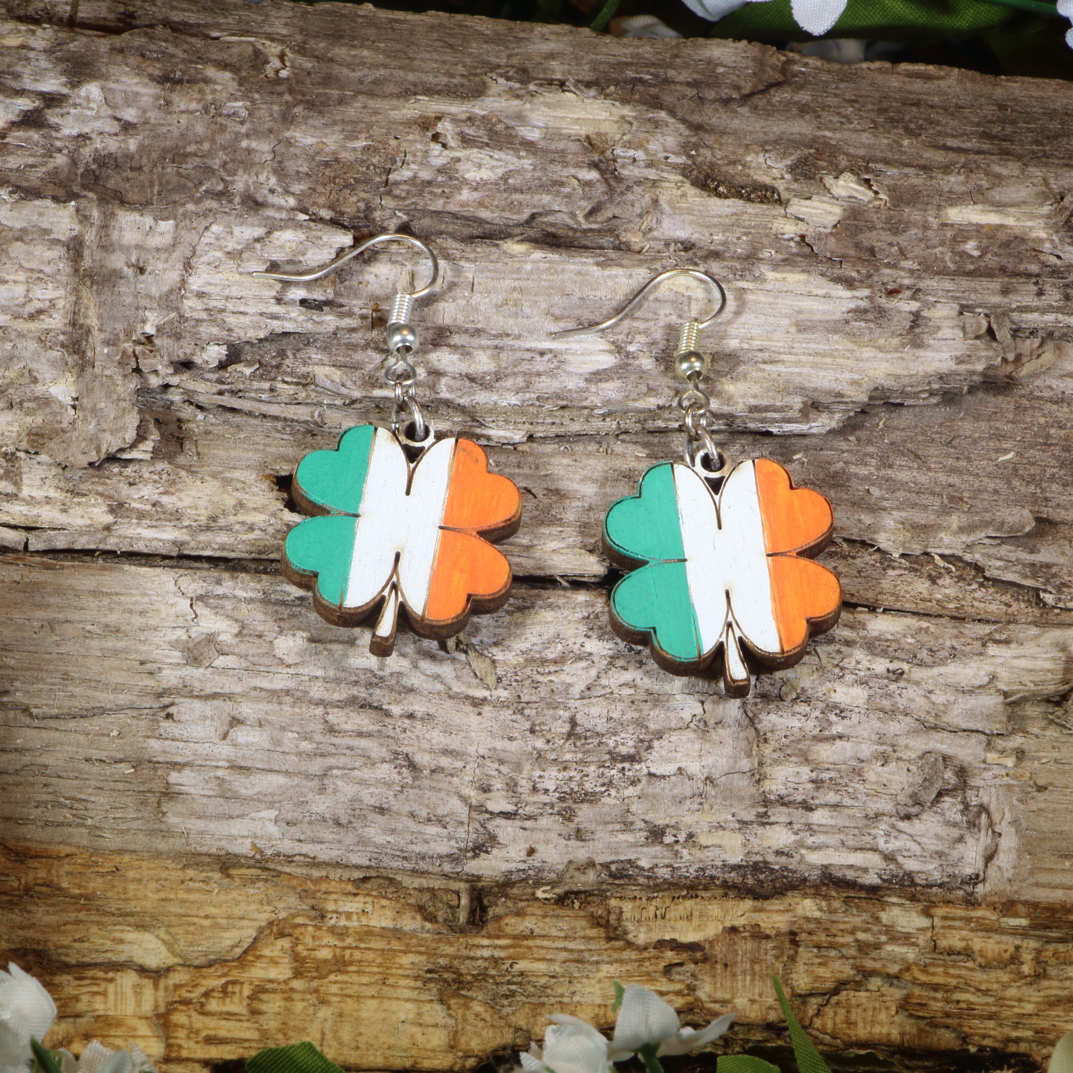 Irish Flag Four Leaf Clover Wooden Dangle Earrings | St Patrick’s Day Jewelry by Cate's Concepts, LLC