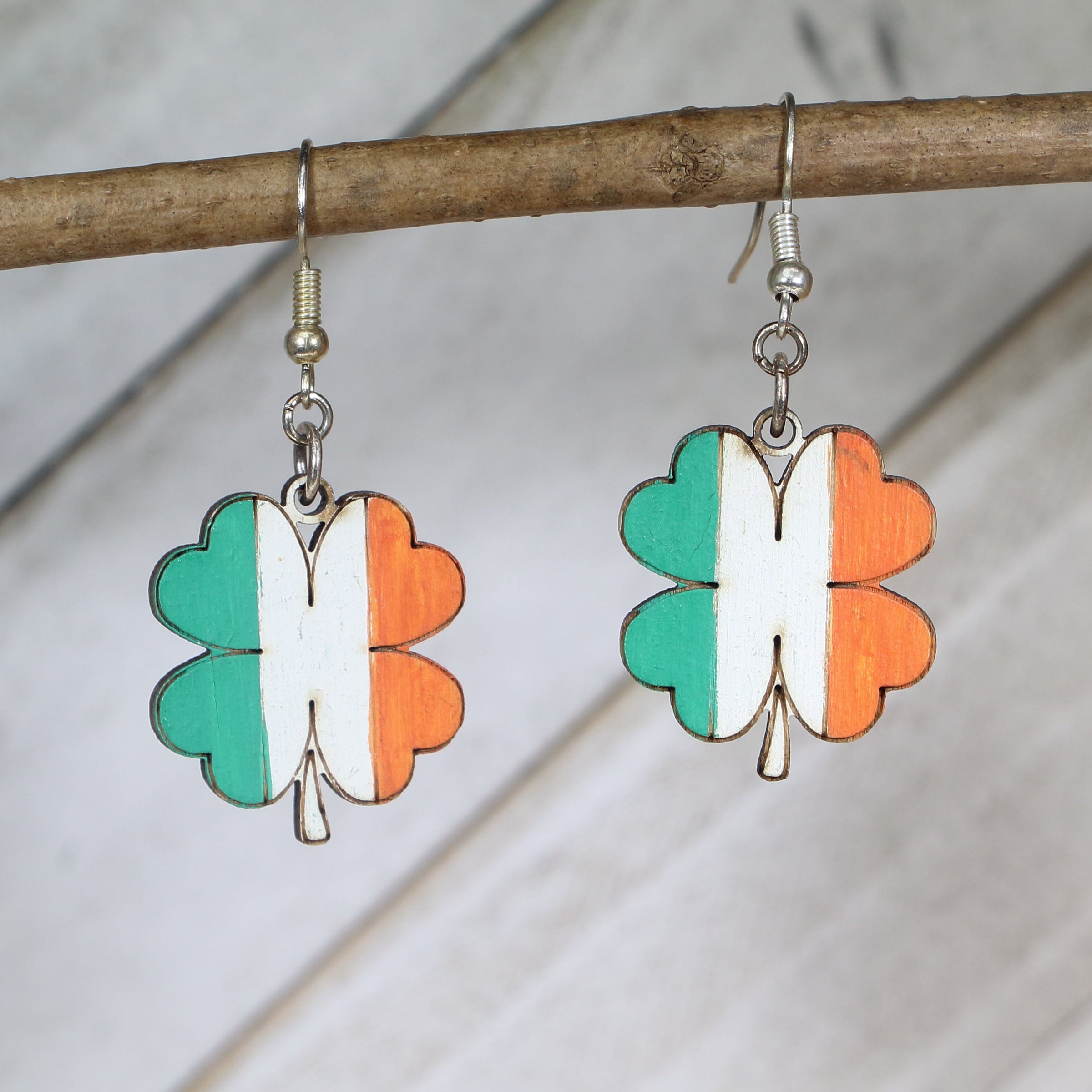 Irish Flag Four Leaf Clover Wooden Dangle Earrings | St Patrick’s Day Jewelry detail view by Cate's Concepts, LLC