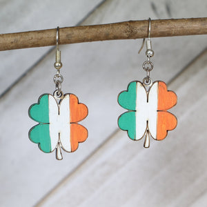 Irish Flag Four Leaf Clover Wooden Dangle Earrings | St Patrick’s Day Jewelry