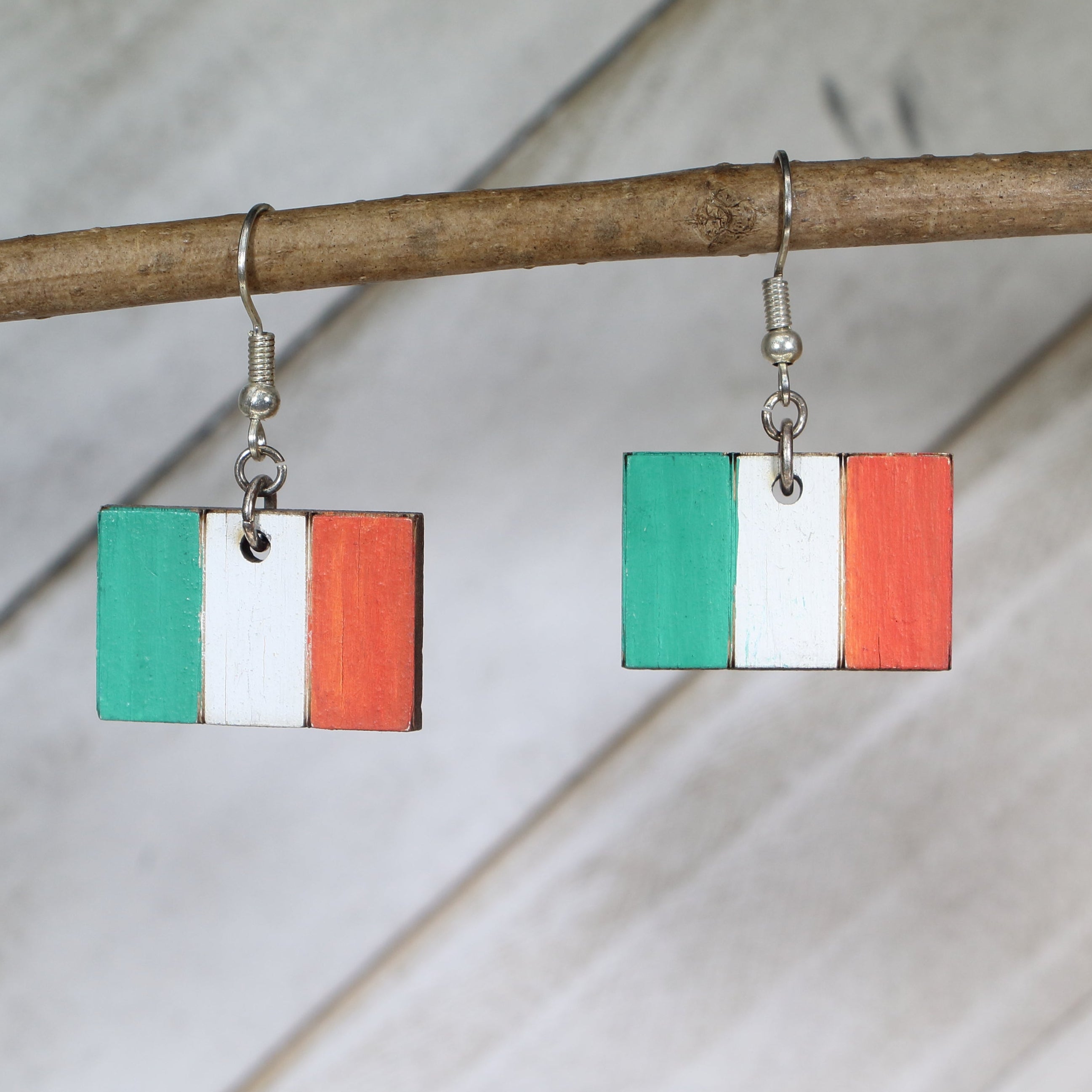 Irish Flag Wooden Dangle Earrings | Ireland Pride Jewelry detail view by Cate's Concepts, LLC