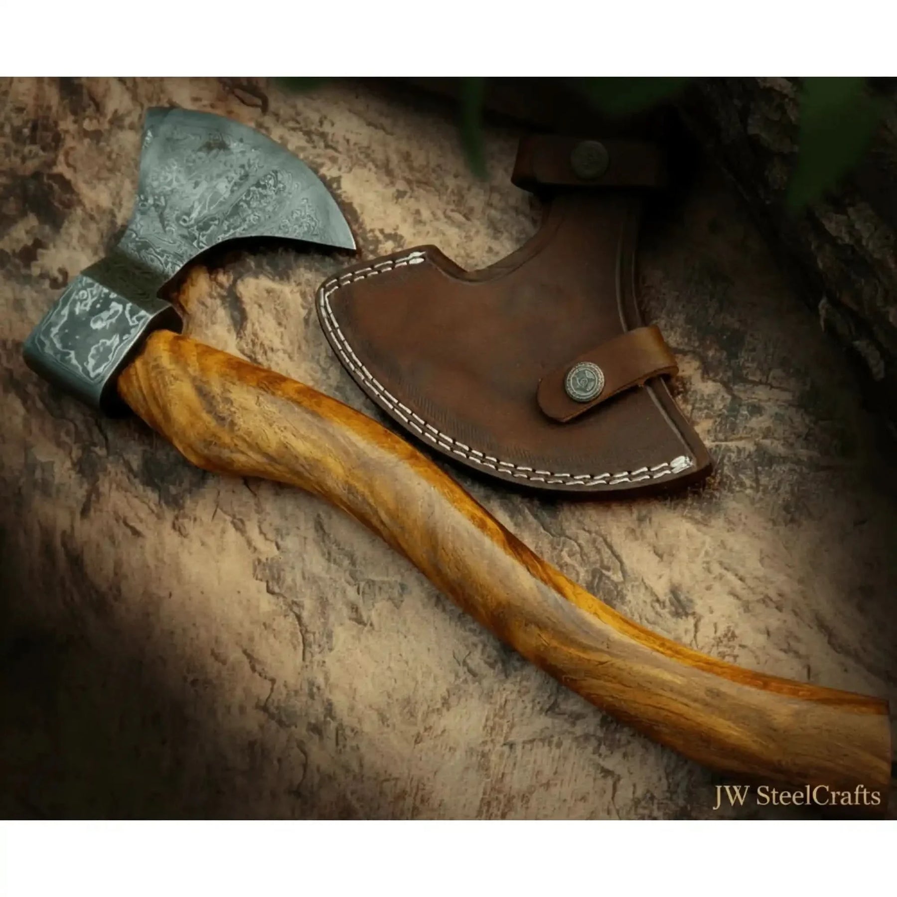 Hand Engraved Norse Viking Bearded Axe with Damascus Steel Blade and Carved Hardwood Handle | JW SteelCrafts by JW SteelCrafts, Southern lifestyle apparel detail photo 5