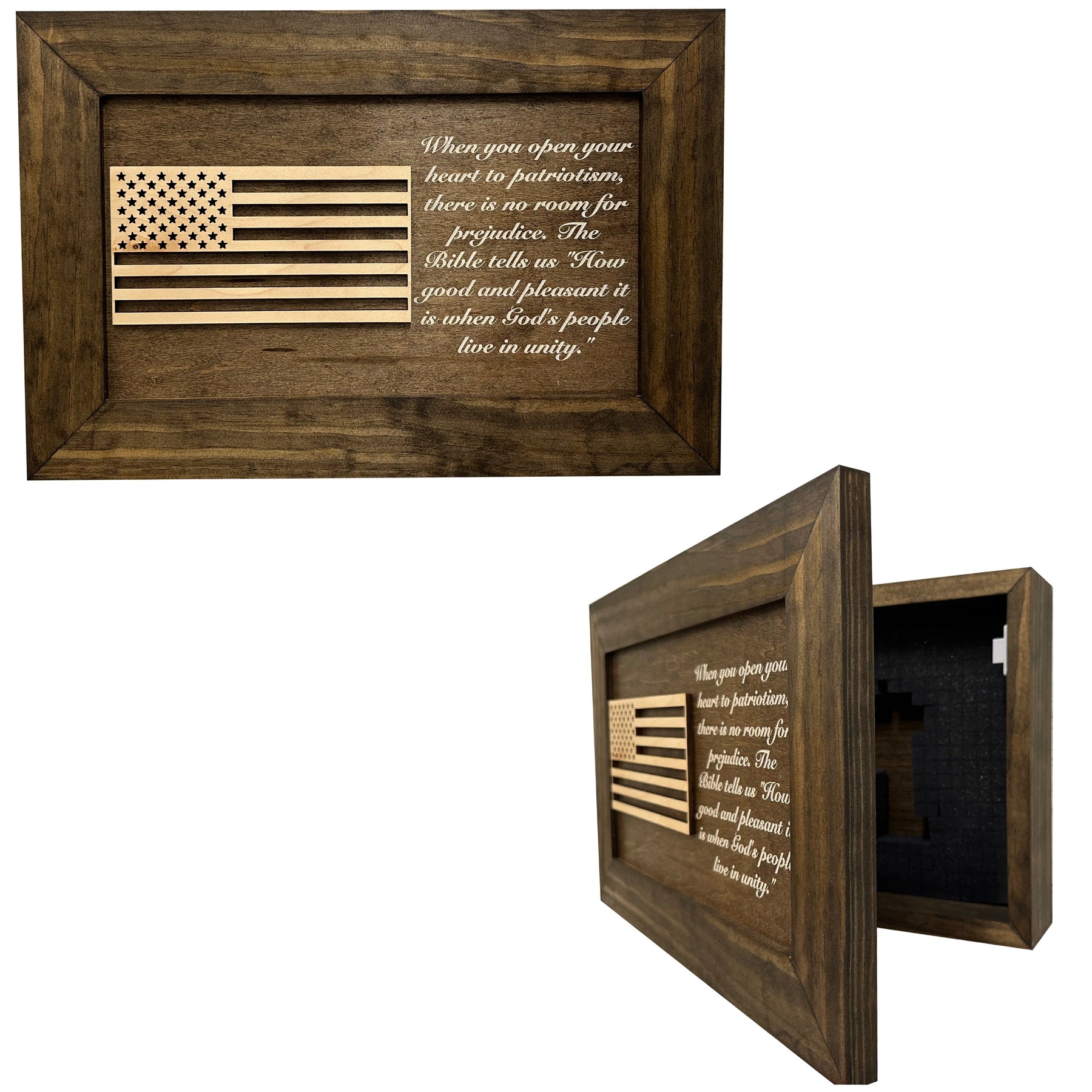 American Flag & Patriotism Decorative & Secure Wall-Mounted Gun Cabinet (Jacobean) by Bellewood Designs, Southern home decor main product photo