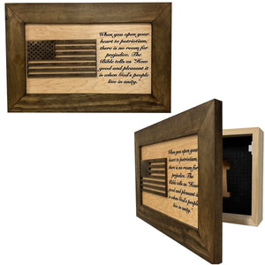American Flag & Patriotism Decorative & Secure Wall-Mounted Gun Cabinet (Jacobean & Natural) by Bellewood Designs, Southern home decor main product photo