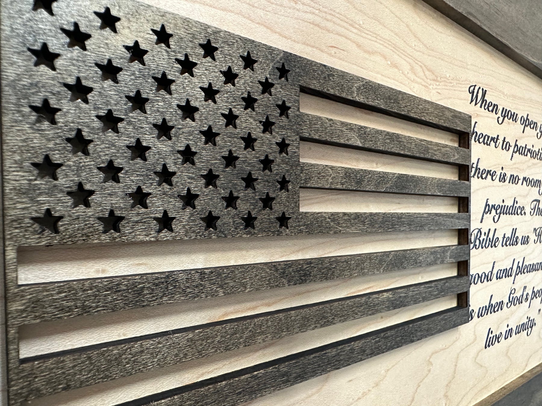 American Flag & Patriotism Decorative & Secure Wall-Mounted Gun Cabinet (Jacobean & Natural) by Bellewood Designs, Southern home decor detail photo 9
