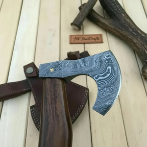 Damascus Camping Axe with Curved Rosewood Handle – Hand Forged Bushcraft Axe with Leather Sheath | JW SteelCrafts by JW SteelCrafts, leather knife sheath detail photo 3