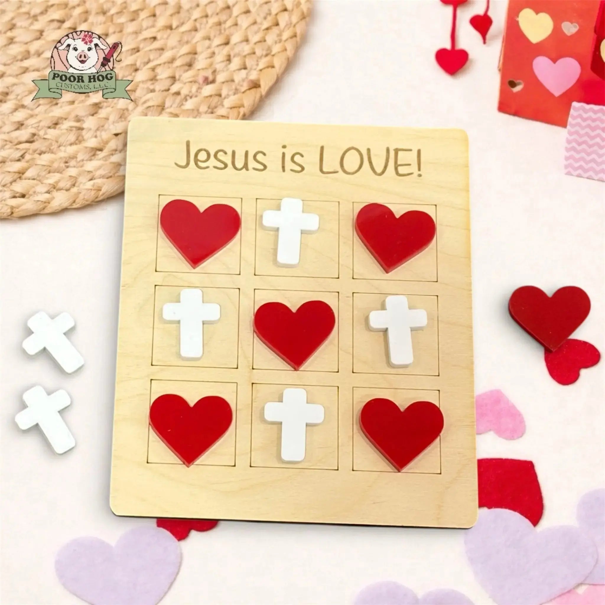 Jesus Is Love Cross and Hearts Tic Tac Toe Game by Poor Hog Customs, board games detail photo 2