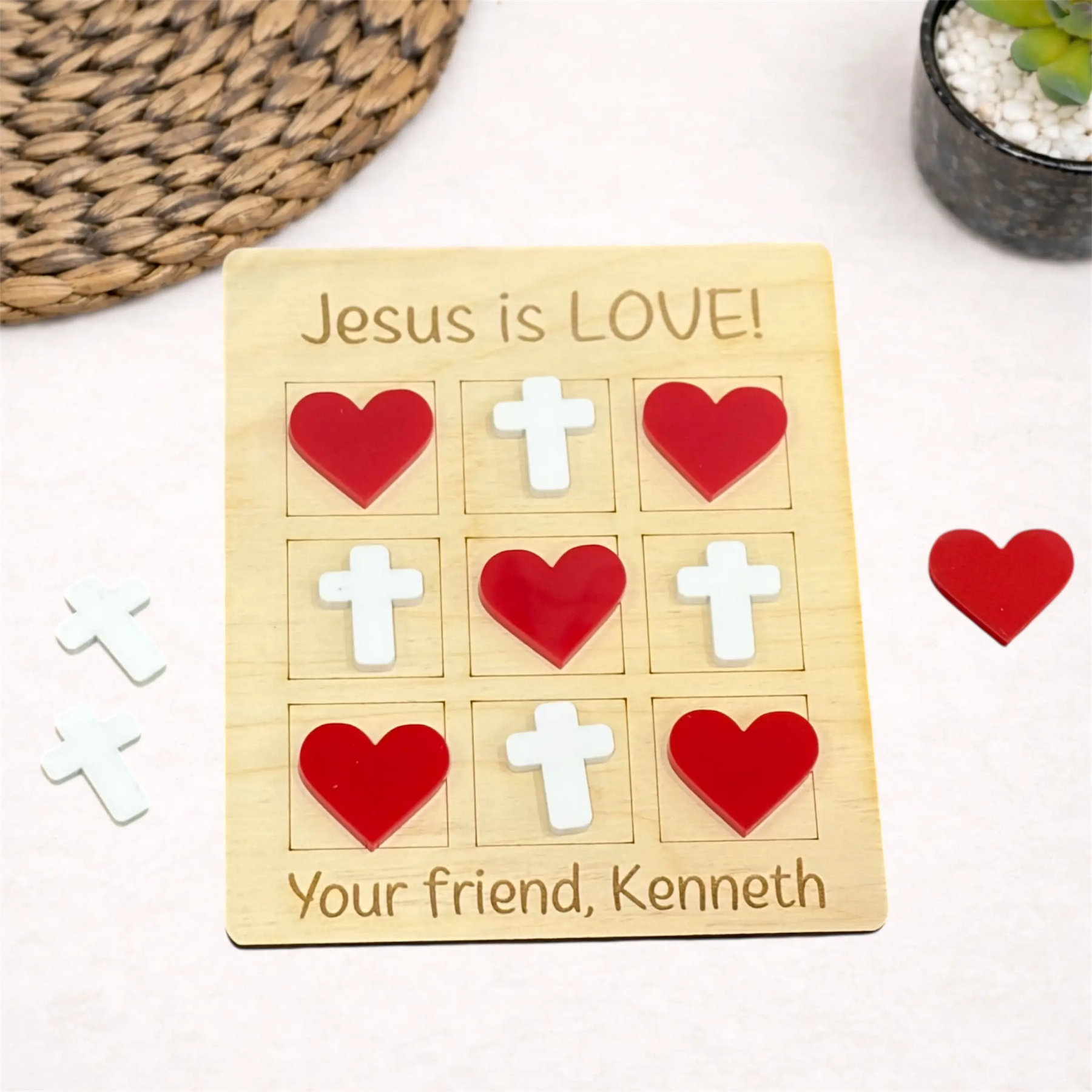 Jesus Is Love Cross and Hearts Tic Tac Toe Game by Poor Hog Customs, board games main product photo