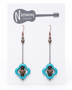 Turquoise and Brass Guitar String Earrings by N Harmony Jewelry, handmade jewelry main product photo