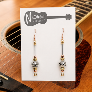 Tri Colored Guitar String Drop Earrings by N Harmony Jewelry, handmade jewelry detail photo 2
