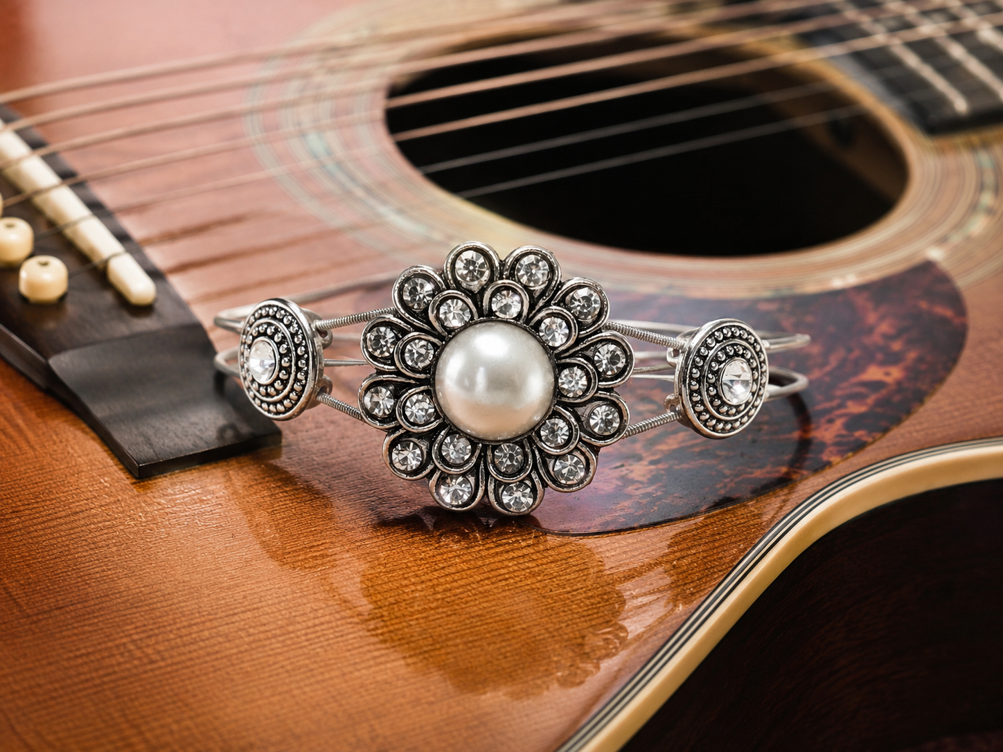 Silver Rhinestone and Pearl Guitar String Bracelet by N Harmony Jewelry, handmade jewelry main product photo