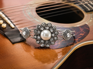 Silver Rhinestone and Pearl Guitar String Bracelet by N Harmony Jewelry, handmade jewelry main product photo