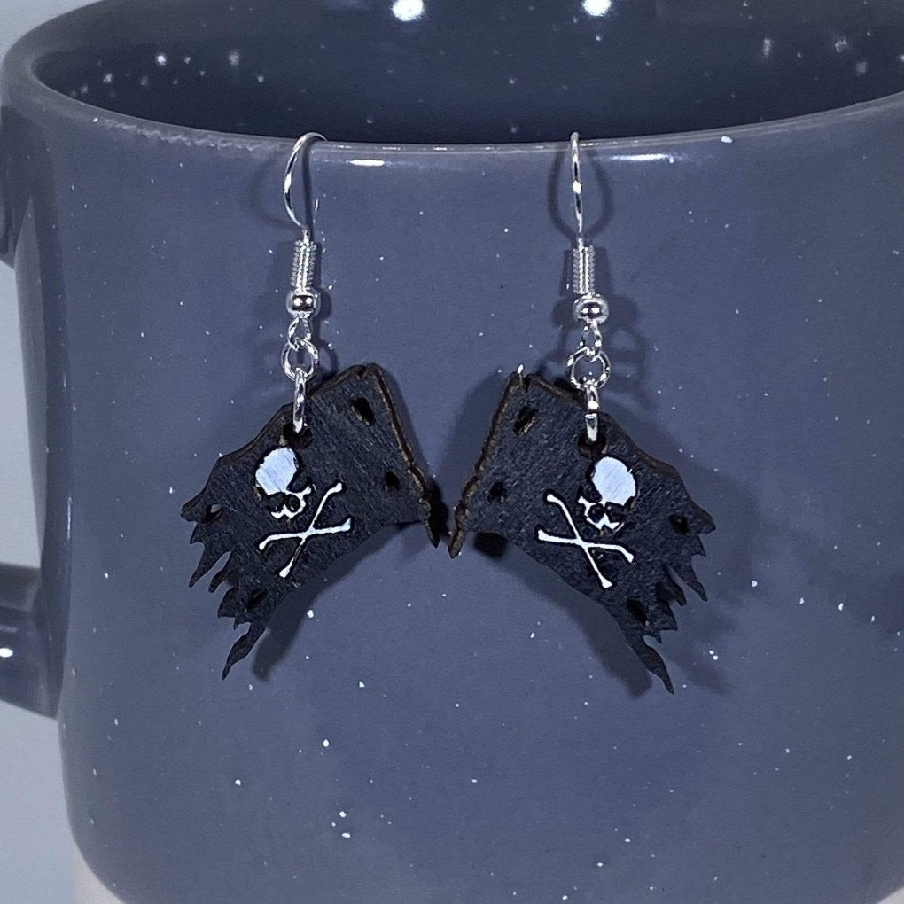 Jolly Roger Pirate Wooden Earrings | Skull Crossbones Jewelry detail view by Cate's Concepts, LLC