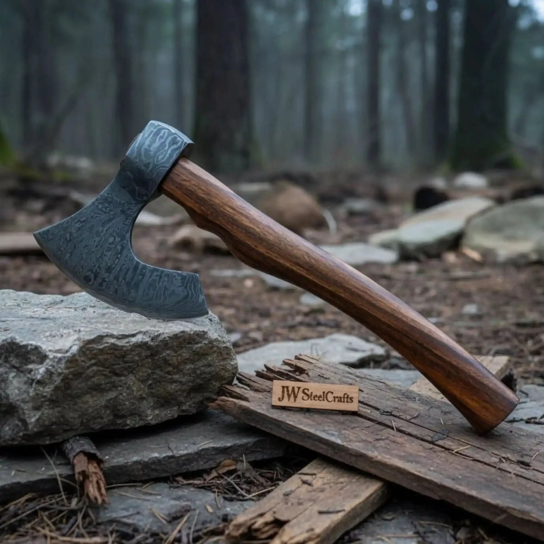 Damascus Steel Camp Axe with 19 Inch Rosewood Handle, Handmade Bushcraft Hatchet with Leather Sheath by JW SteelCrafts, leather knife sheath detail photo 4
