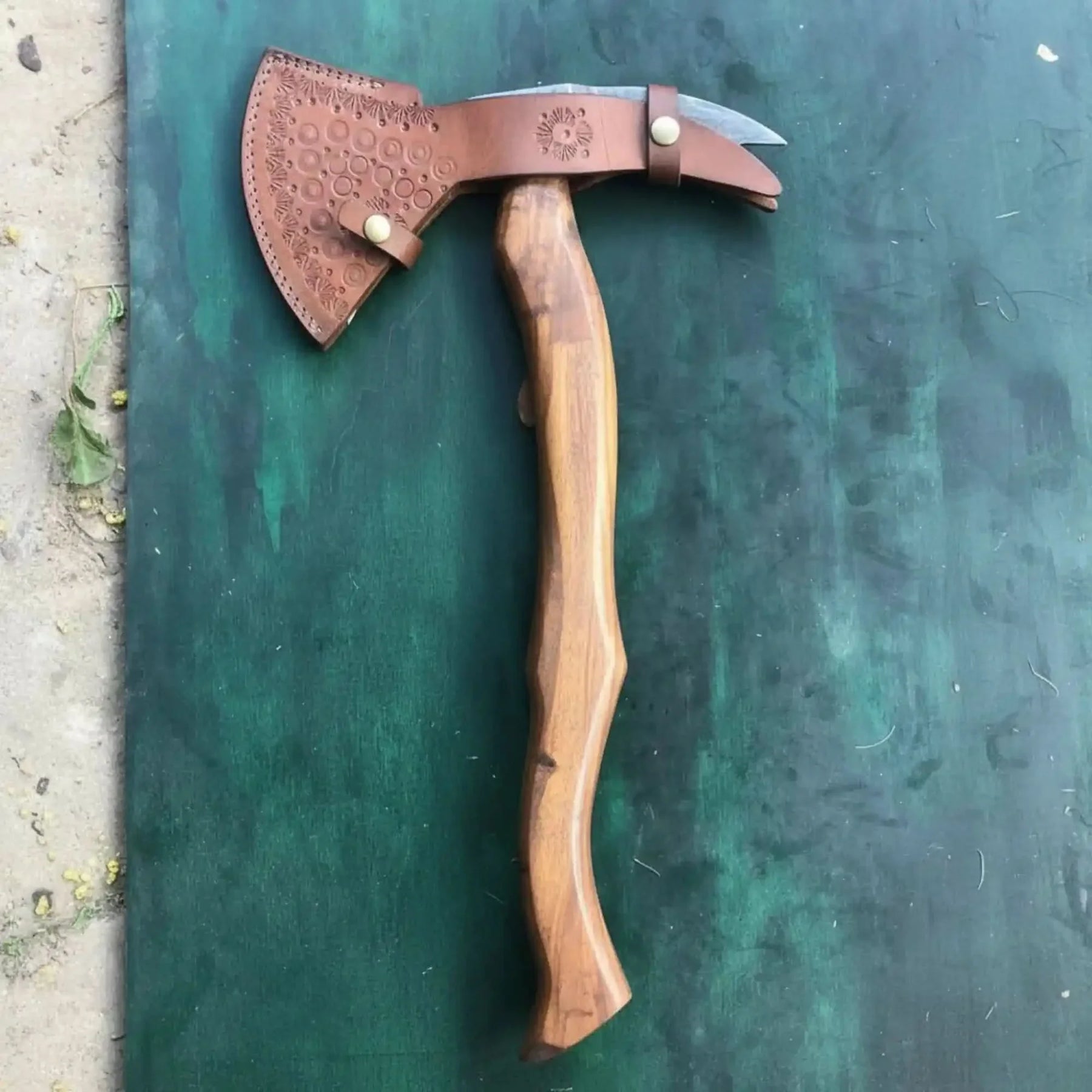 Camping Axe Damascus Steel 20 Inch Rosewood Handle with Leather Sheath by JW SteelCrafts, leather knife sheath detail photo 4