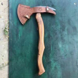 Camping Axe Damascus Steel 20 Inch Rosewood Handle with Leather Sheath by JW SteelCrafts, leather knife sheath detail photo 4