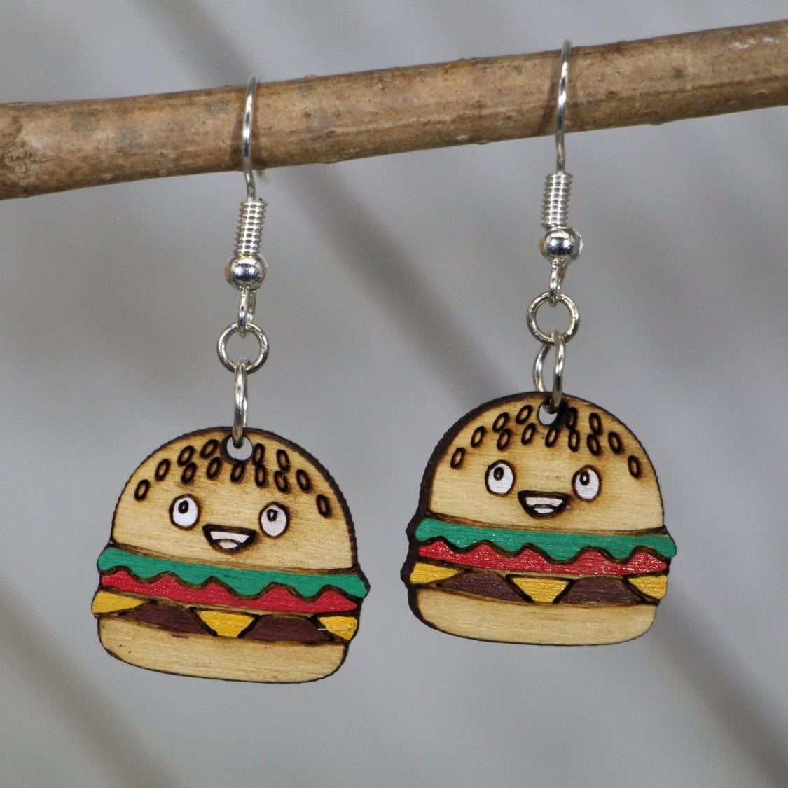 Kawaii Cheeseburger Wooden Earrings | Cute Food Lover Jewelry by Cate's Concepts, LLC, handmade jewelry main product photo