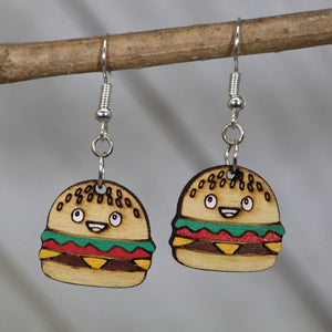 Kawaii Cheeseburger Wooden Earrings | Cute Food Lover Jewelry by Cate's Concepts, LLC, handmade jewelry main product photo