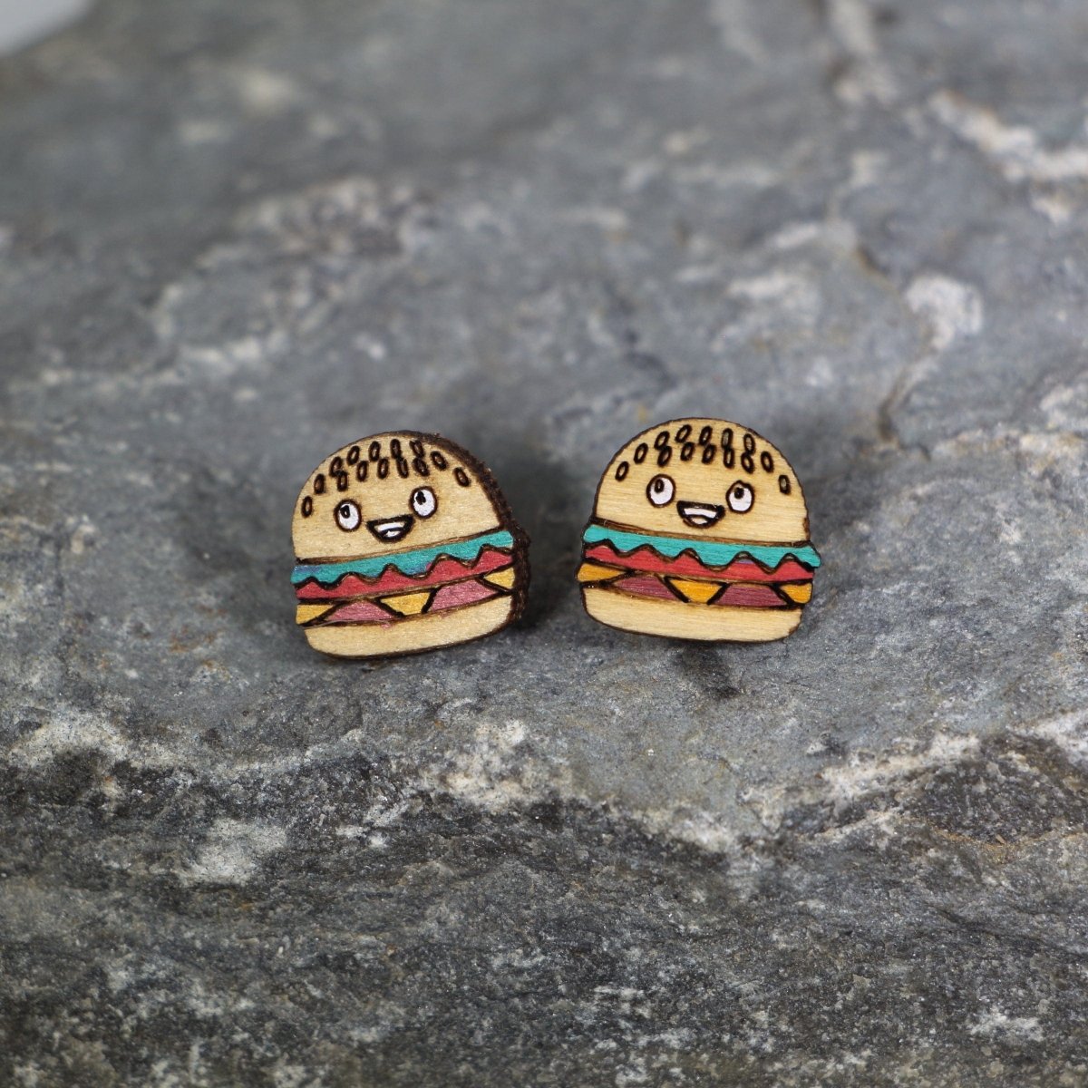 Kawaii Cheeseburger Wooden Earrings | Cute Food Lover Jewelry by Cate's Concepts, LLC, handmade jewelry detail photo 2