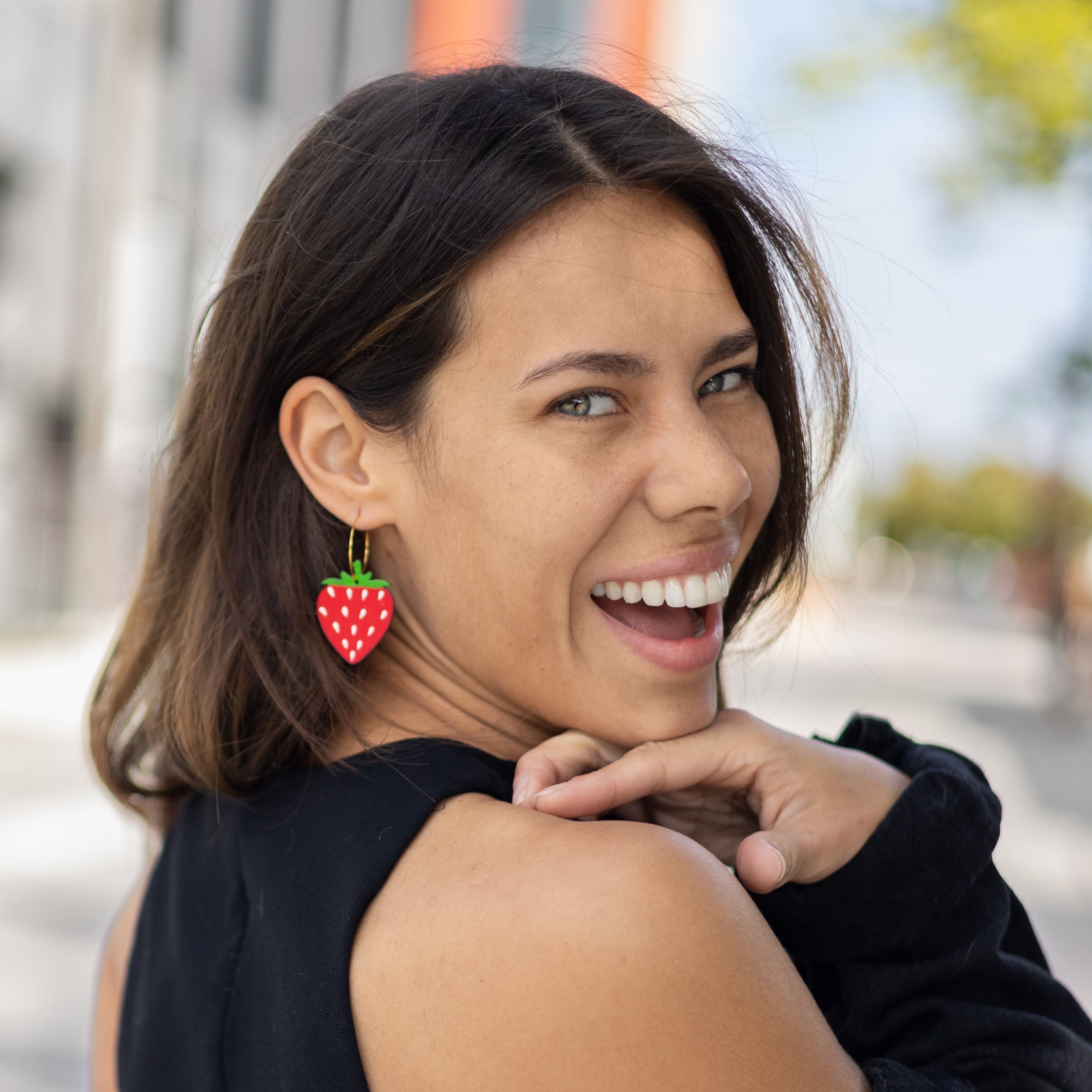 Additional view of Strawberry Hoop Earrings hand painted on lightweight wood by LE CHIC MIAMI