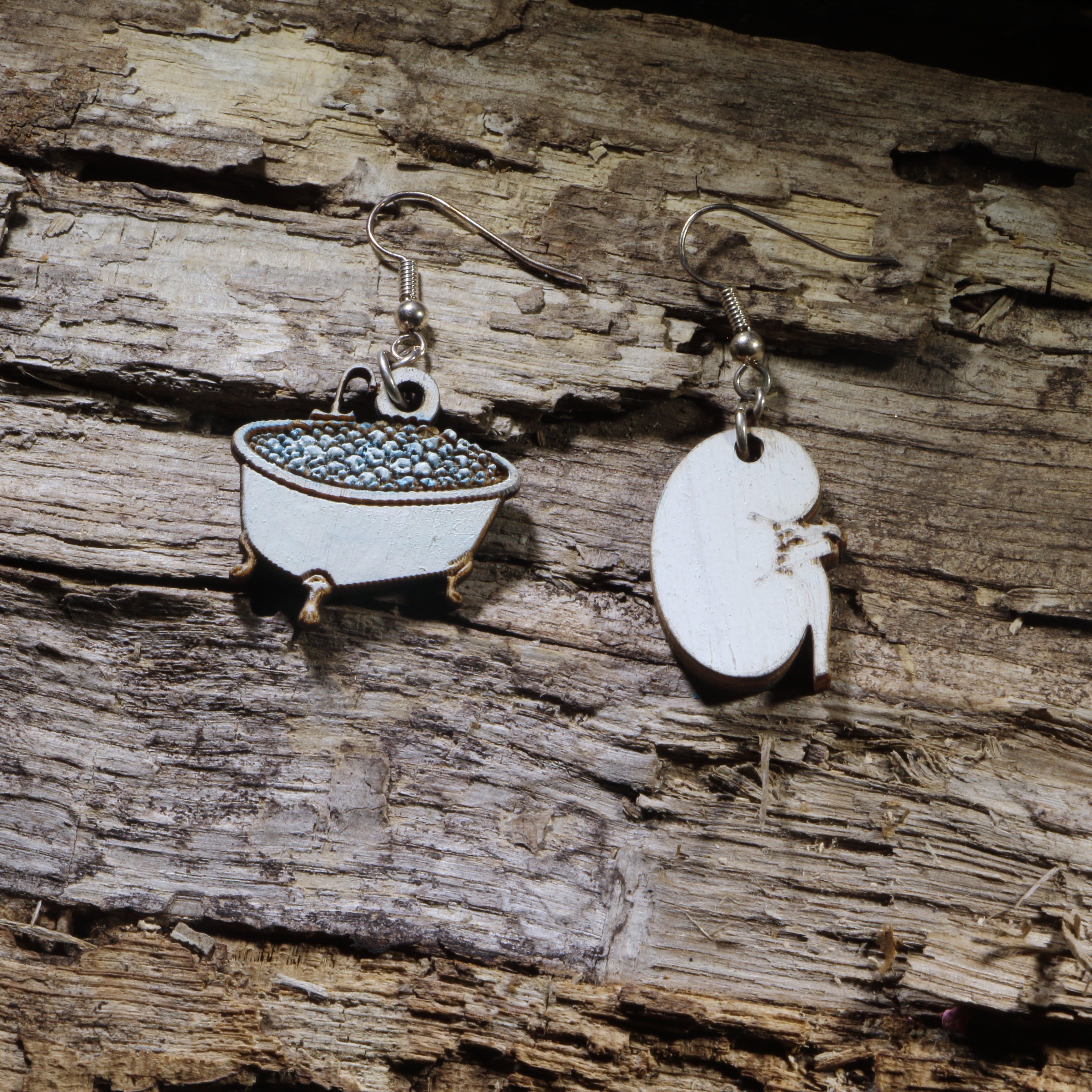 Kidney in Bathtub Wooden Dangle Earrings | Nephrology Medical Jewelry by Cate's Concepts, LLC