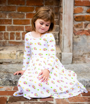 King Cake Organic Cotton Kids Mardi Gras Dress by Nola Tawk, Southern lifestyle apparel main product photo