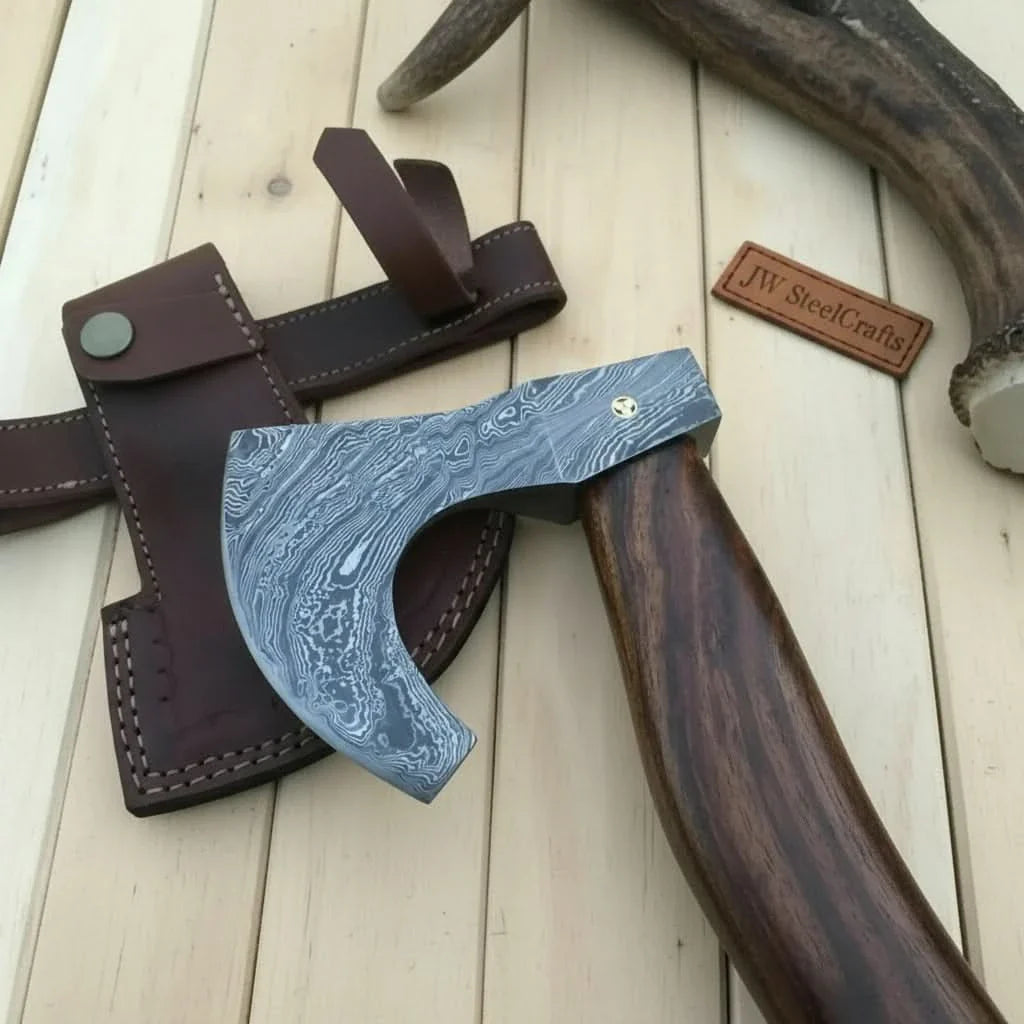 Damascus Camping Axe with Curved Rosewood Handle – Hand Forged Bushcraft Axe with Leather Sheath | JW SteelCrafts by JW SteelCrafts, leather knife sheath detail photo 5