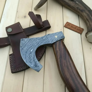 Damascus Camping Axe with Curved Rosewood Handle – Hand Forged Bushcraft Axe with Leather Sheath | JW SteelCrafts by JW SteelCrafts, leather knife sheath detail photo 5