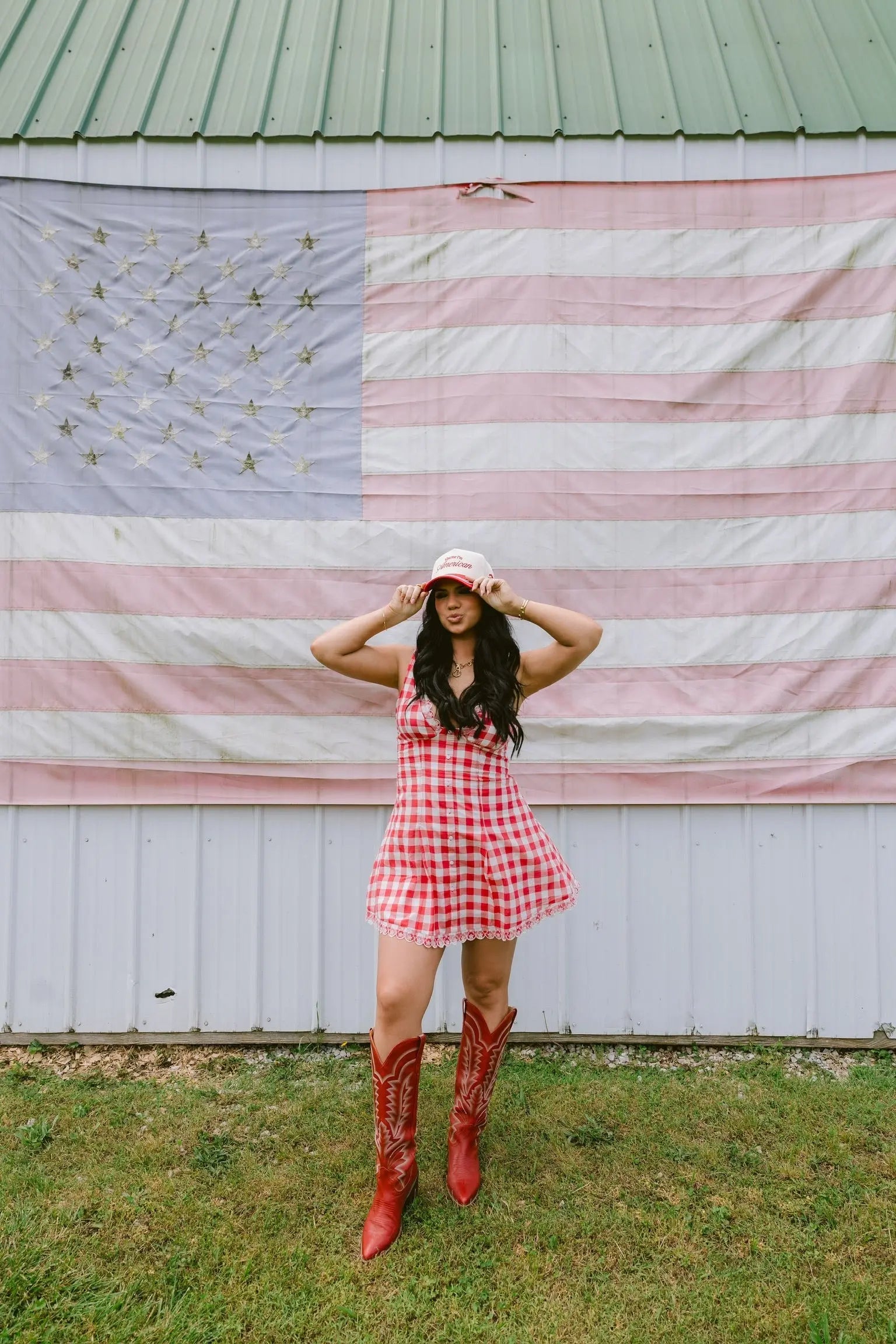Kiss me I'm American - Red Vintage Trucker Hat by KenzKustomz, Southern lifestyle apparel detail photo 3