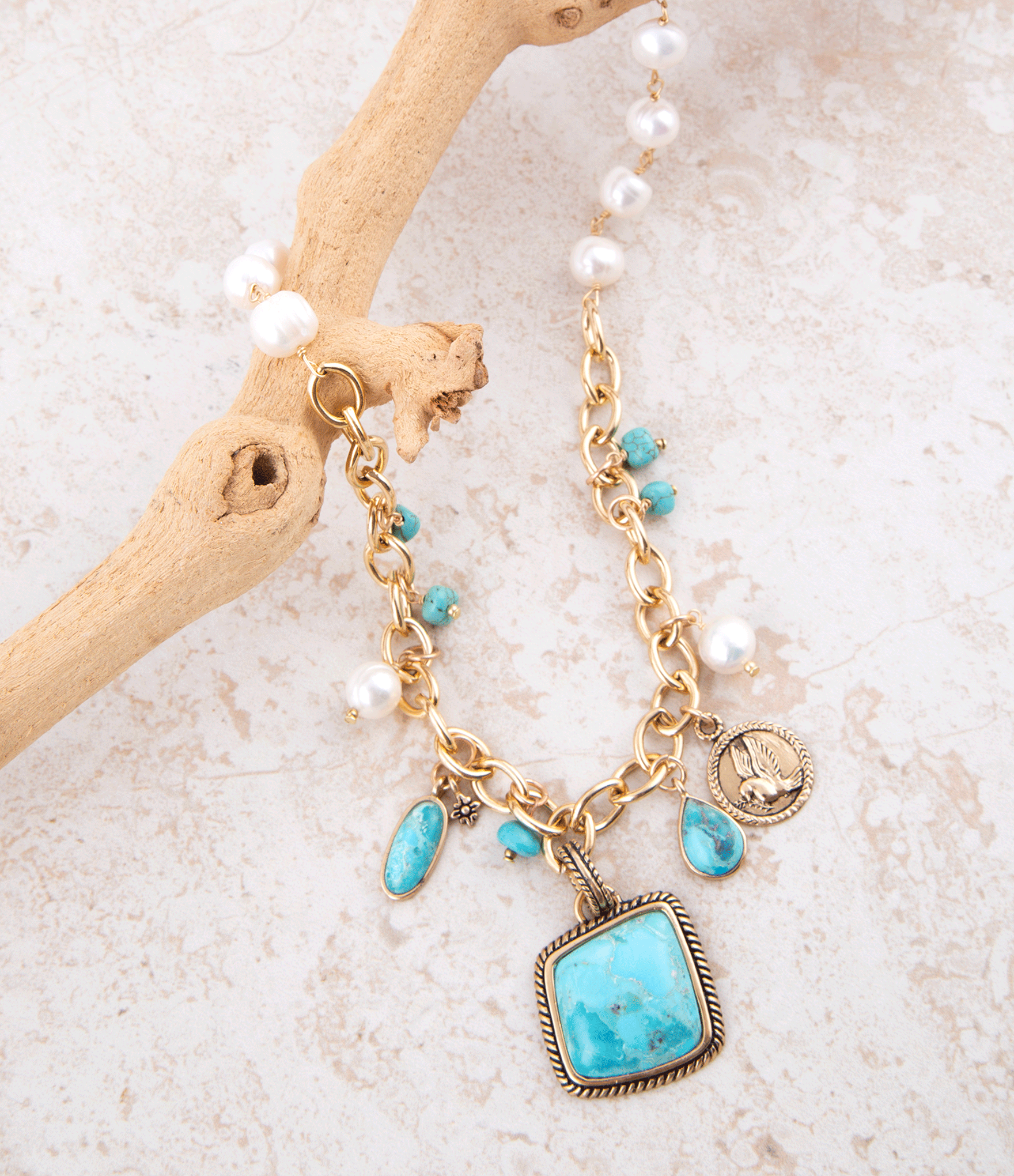 Blue Turquoise and White Pearl Multi Pendant Golden Necklace detail view by Barse Jewelry