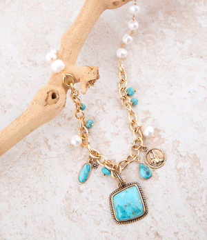 Blue Turquoise and White Pearl Multi Pendant Golden Necklace detail view by Barse Jewelry