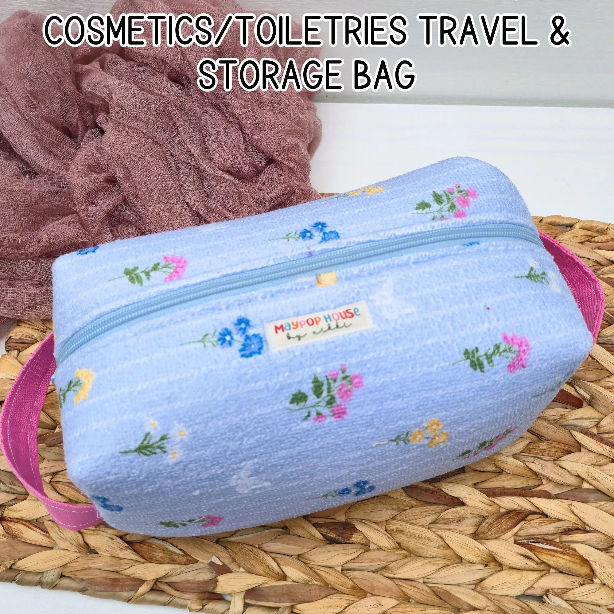 Large Floral Cosmetic Bag, Toiletry Travel Bag, Boxy Makeup Organizer, Zipper Pouch, Blue Floral Makeup Case by Maypop House Designs, natural skincare main product photo