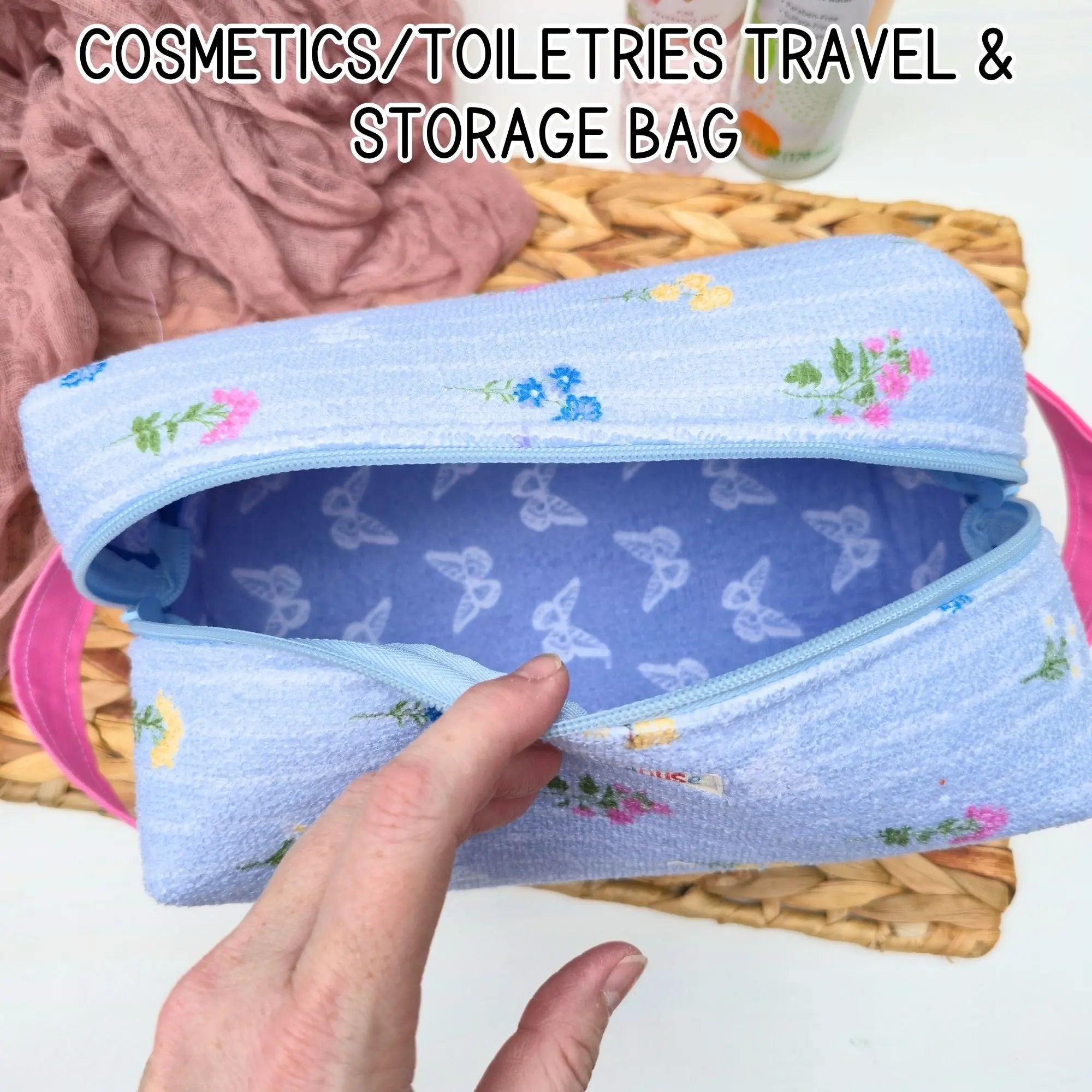 Large Floral Cosmetic Bag, Toiletry Travel Bag, Boxy Makeup Organizer, Zipper Pouch, Blue Floral Makeup Case by Maypop House Designs, natural skincare detail photo 2