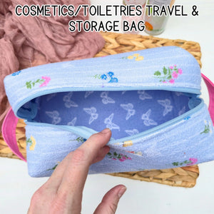 Large Floral Cosmetic Bag, Toiletry Travel Bag, Boxy Makeup Organizer, Zipper Pouch, Blue Floral Makeup Case by Maypop House Designs, natural skincare detail photo 2