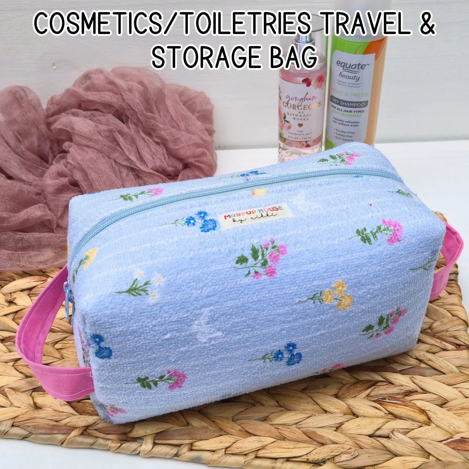 Large Floral Cosmetic Bag, Toiletry Travel Bag, Boxy Makeup Organizer, Zipper Pouch, Blue Floral Makeup Case by Maypop House Designs, natural skincare detail photo 3