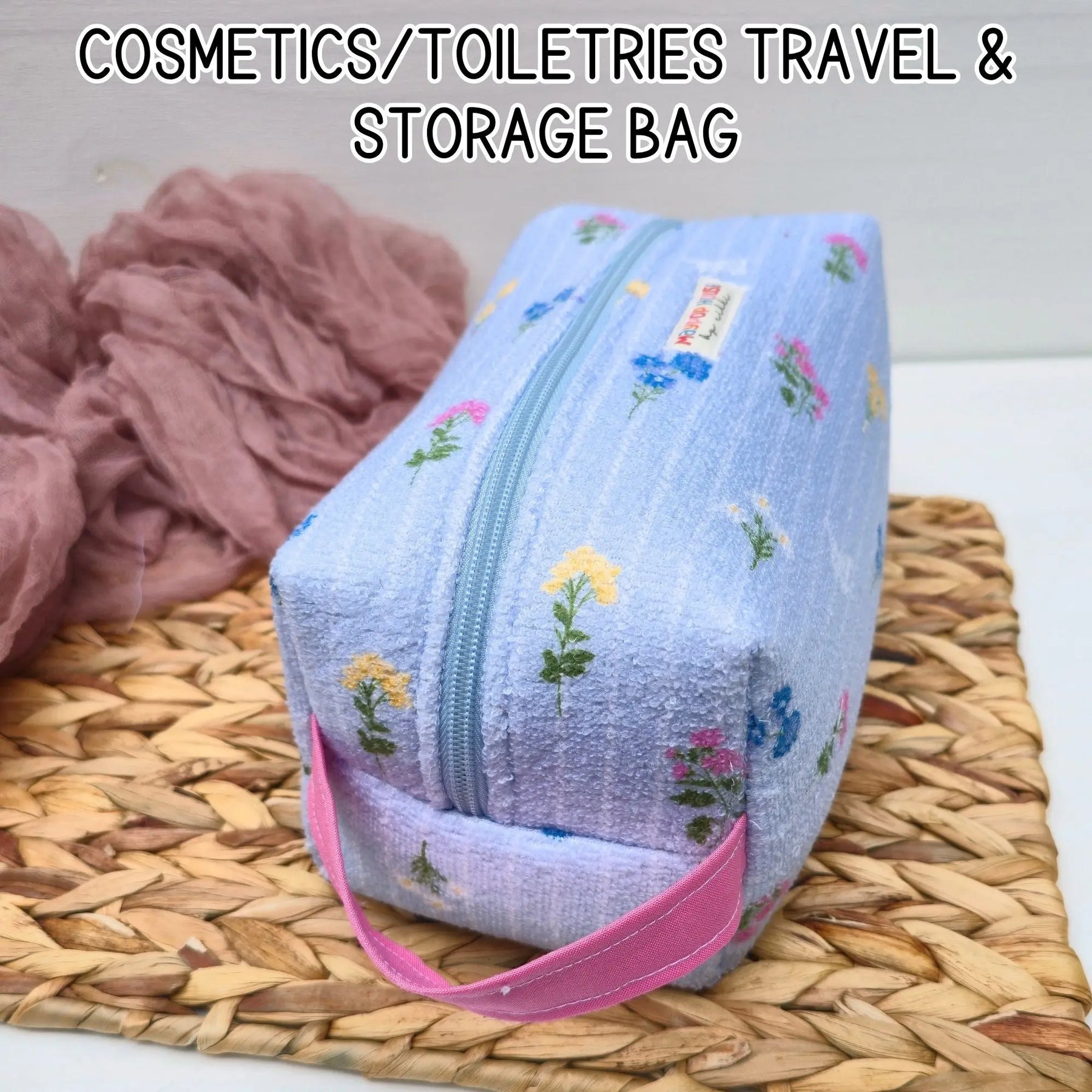 Large Floral Cosmetic Bag, Toiletry Travel Bag, Boxy Makeup Organizer, Zipper Pouch, Blue Floral Makeup Case by Maypop House Designs, natural skincare detail photo 5