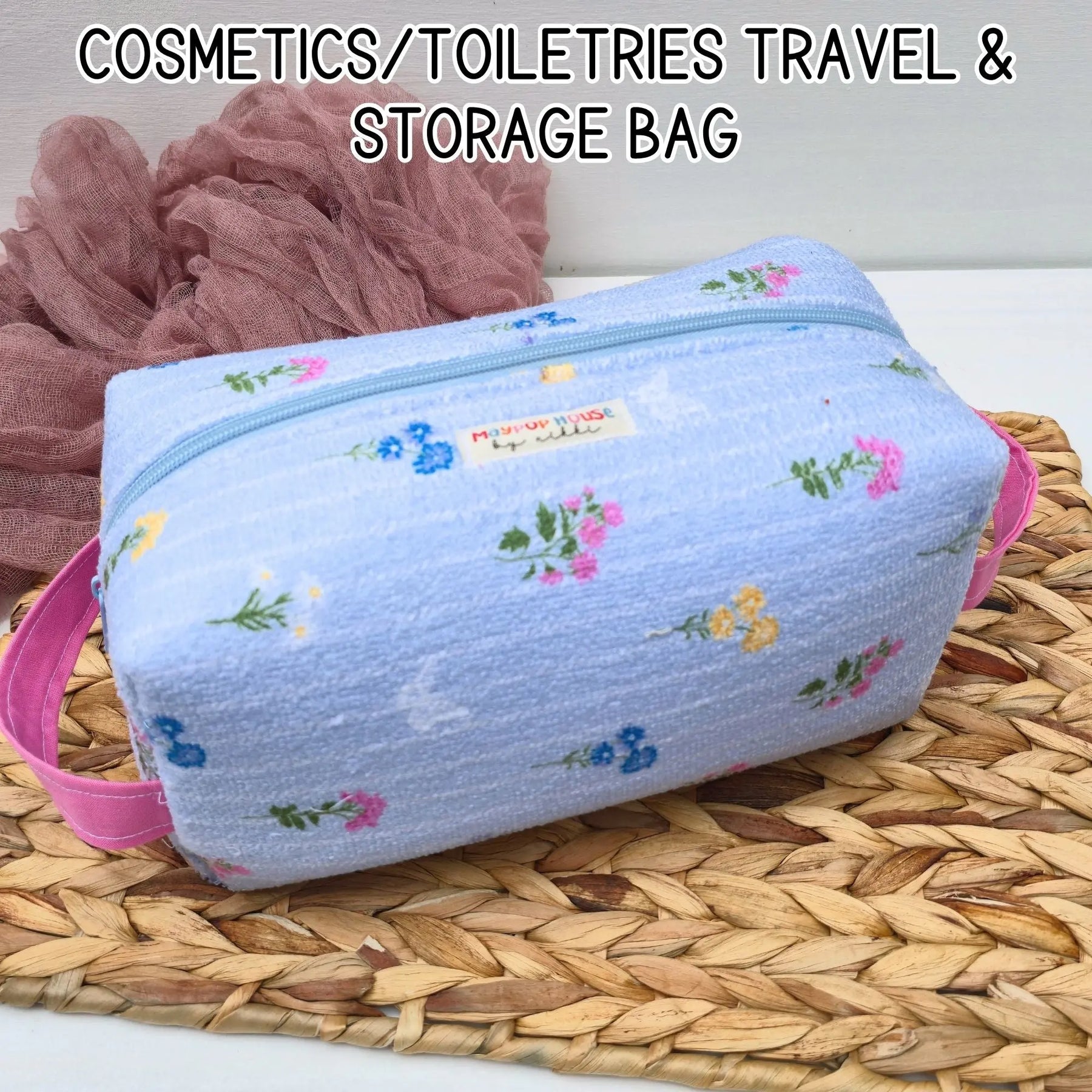 Large Floral Cosmetic Bag, Toiletry Travel Bag, Boxy Makeup Organizer, Zipper Pouch, Blue Floral Makeup Case by Maypop House Designs, natural skincare detail photo 6