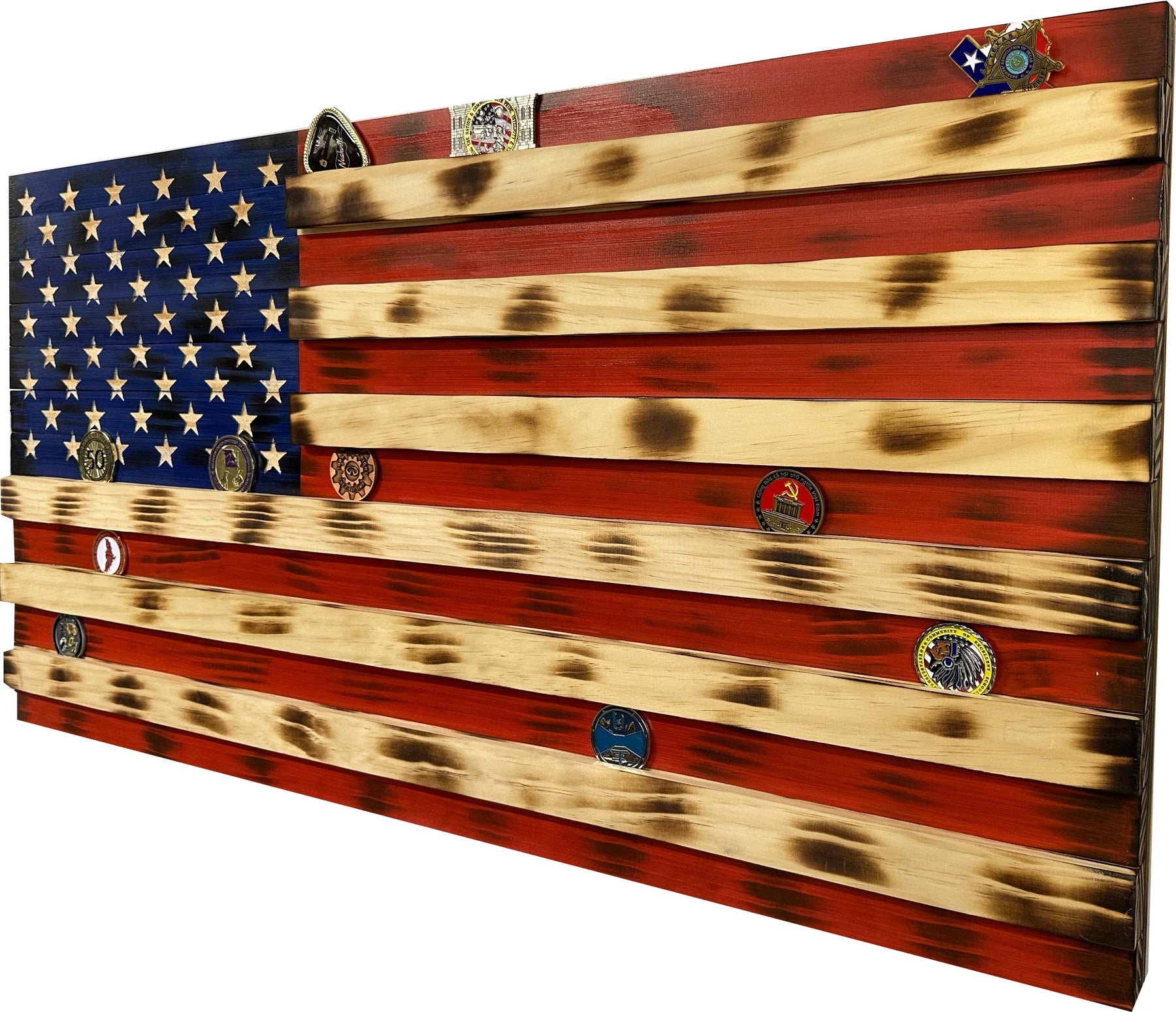 American Flag Challenge Coin Display and Hidden Gun Cabinet, Military Coin Holder Holds 100 Coins and is Ready to Hang, Large US Flag Patriotic Art 38 by Bellewood Designs
