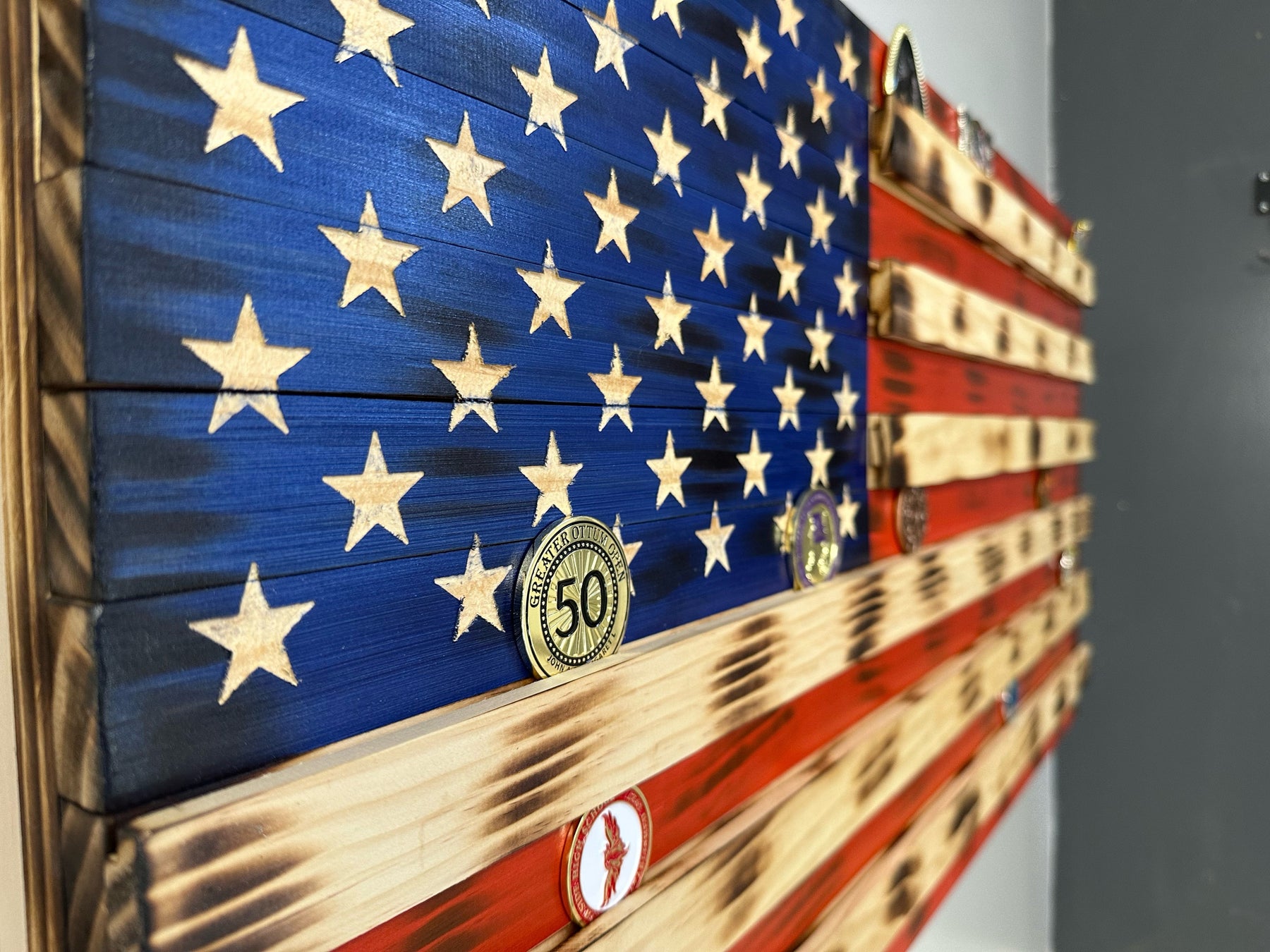 American Flag Challenge Coin Display and Hidden Gun Cabinet, Military Coin Holder Holds 100 Coins and is Ready to Hang, Large US Flag Patriotic Art 38 by Bellewood Designs