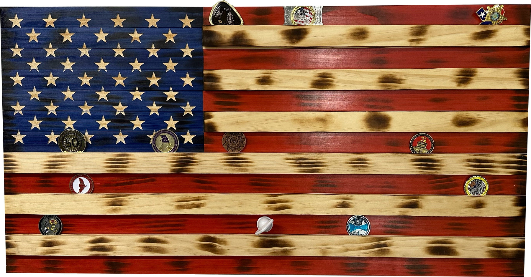 American Flag Challenge Coin Display and Hidden Gun Cabinet, Military Coin Holder Holds 100 Coins and is Ready to Hang, Large US Flag Patriotic Art 38 by Bellewood Designs