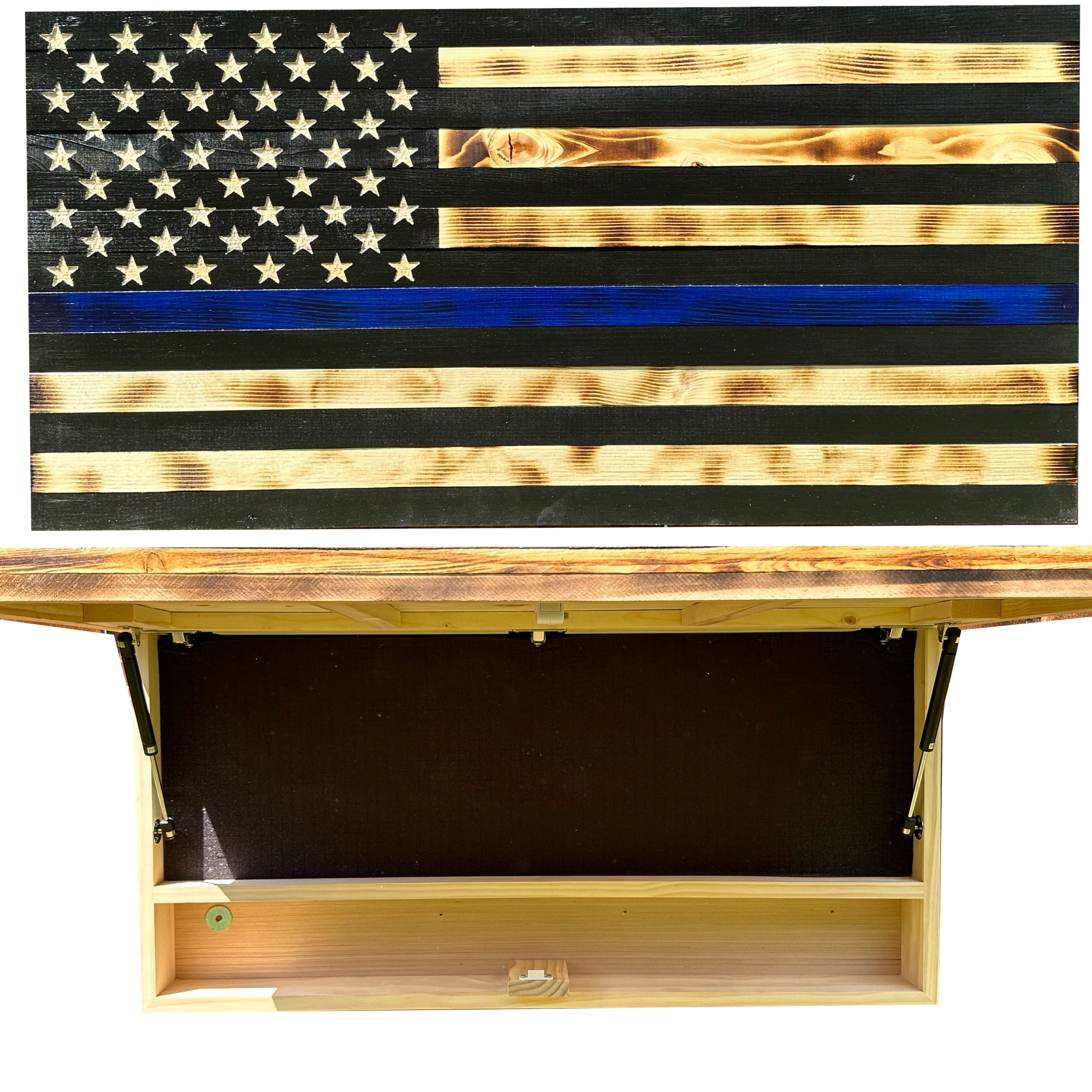 Large Thin Blue Line American Flag Gun Safe - Quick Access Hidden Gun Safe for Rifles, Shotguns, & Handguns - Gun Concealment Furniture with Magnetic by Bellewood Designs