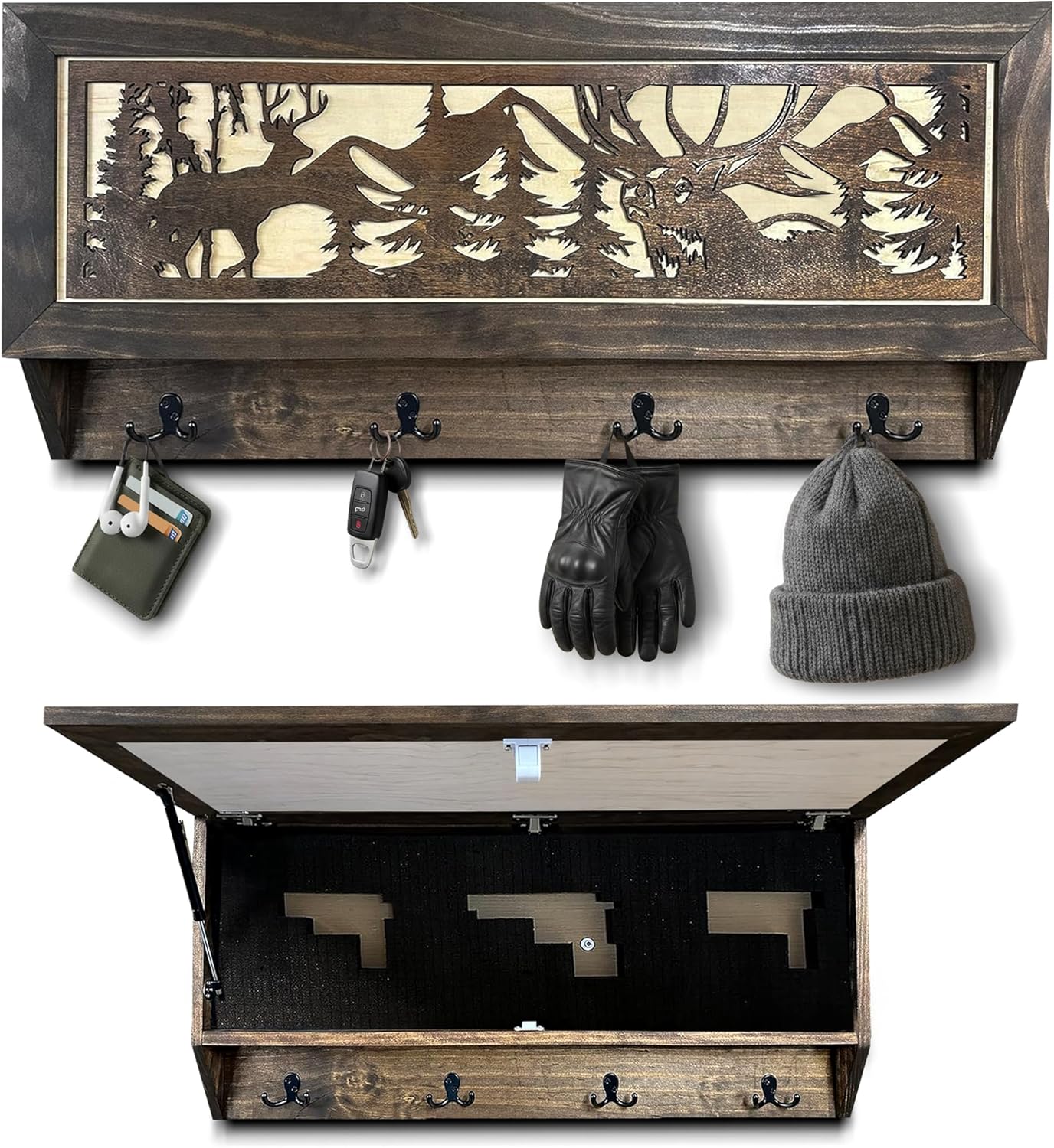 Deer Hunter Hidden Gun Storage - Coat Rack Concealment Shelf with Hooks for Coats, Bags, & Hats - Quick Access Hidden Gun Shelf - Hidden Storage Furni by Bellewood Designs