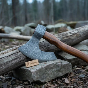 Damascus Steel Camp Axe with 19 Inch Rosewood Handle, Handmade Bushcraft Hatchet with Leather Sheath by JW SteelCrafts, leather knife sheath detail photo 5