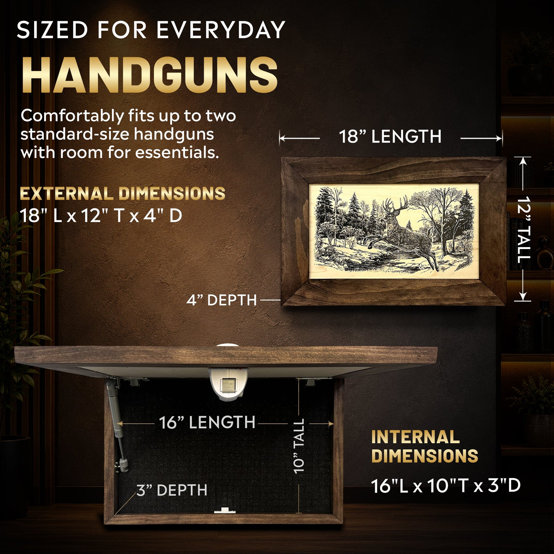 Leaping Deer Gun Concealment Furniture - Handcrafted Hidden Gun Storage Wall Decor - Hidden Safe Furniture with Magnetic Lock