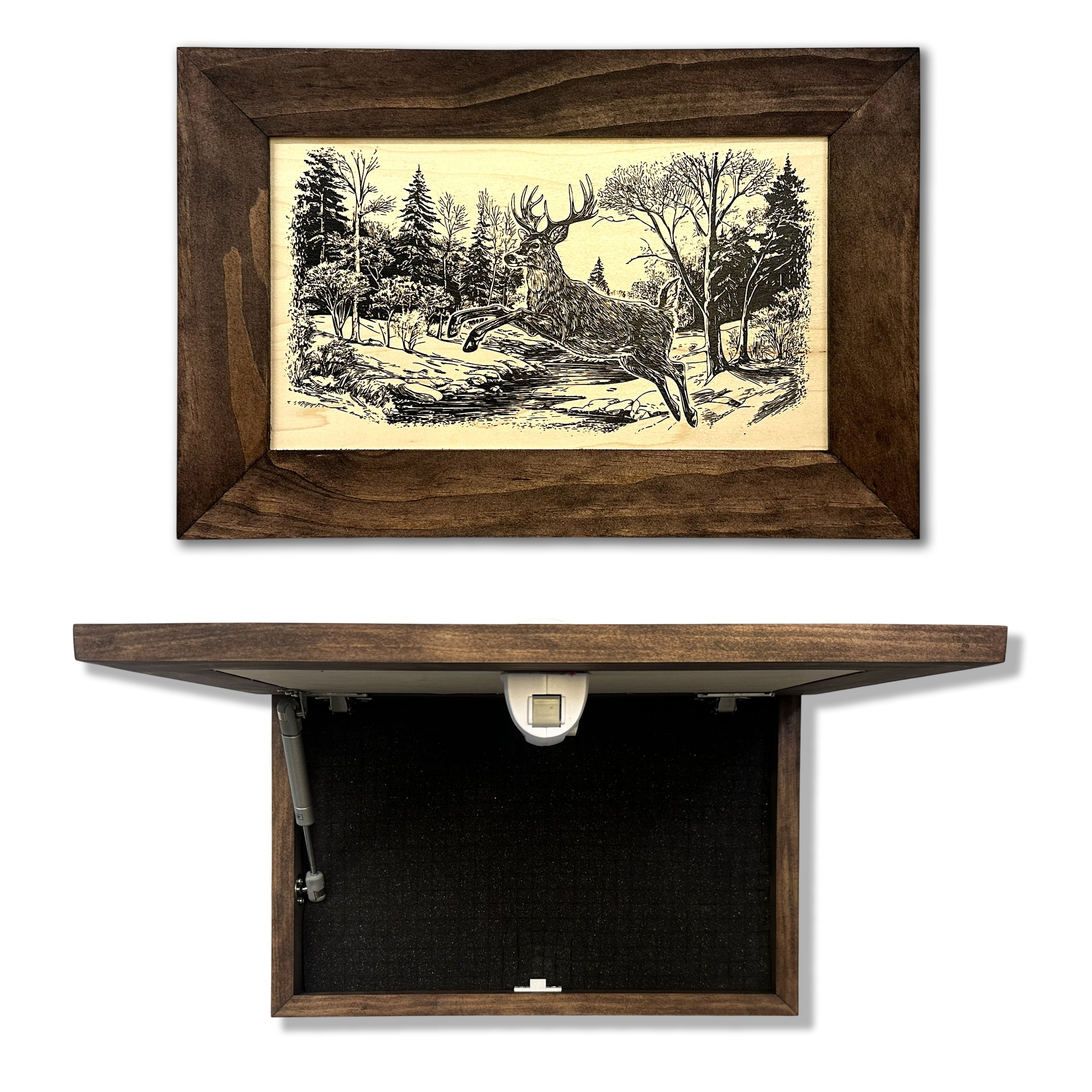 Leaping Deer Gun Concealment Furniture - Handcrafted Hidden Gun Storage Wall Decor - Hidden Safe Furniture with Magnetic Lock